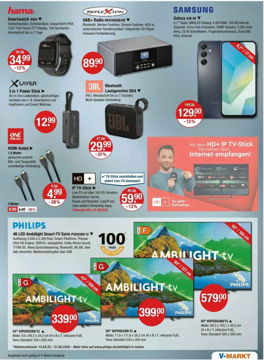 Aktueller Prospekt Vmarkt - Prospekte - von 18.09 bis 24.09.2025 - strona 23 - produkty: akku, alexa, angebot, angebote, auto, Dual SIM, enders, fernbedienung, fingerabdrucksensor, gin, hama, HDMI, kopfhörer, lautsprecher, LG, Philips, Radio, Samsung, sim, smartphone, Sport, telefon, Ti, tisch, usb, wasser, weck