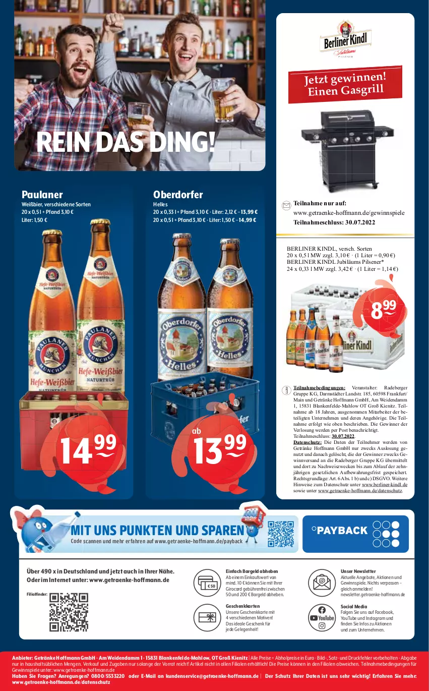 Aktueller Prospekt Getraenke Hoffmann - Prospekte - von 11.07 bis 16.07.2022 - strona 12 - produkty: abholpreise, angebot, angebote, Berger, berliner, berliner kindl, bier, eis, elle, erde, gasgrill, getränk, getränke, gewinnspiel, grill, Jubiläums, LG, Paula, paulaner, payback, pils, pilsener, radeberger, reis, Spiele, Ti, weck, Yo