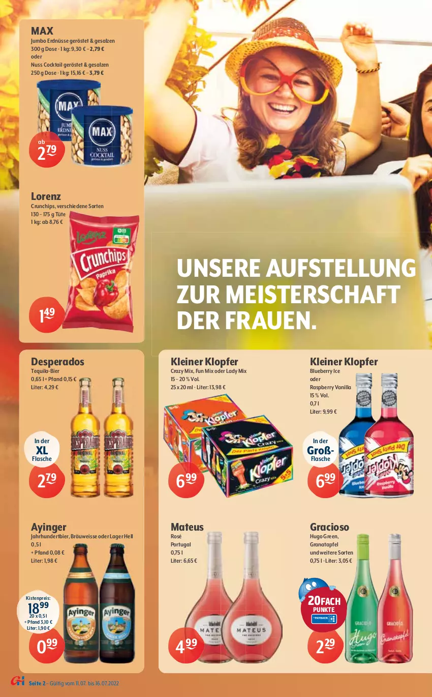 Aktueller Prospekt Getraenke Hoffmann - Prospekte - von 11.07 bis 16.07.2022 - strona 2 - produkty: alkohol, apfel, Apple, bier, blueberry, Brazilian, caipirinha, chardonnay, chips, cocktail, crunchips, desperados, dry gin, eis, erdnüsse, flasche, gin, gracioso, grana, granatapfel, hugo, ice tea, jumbo, kleiner klopfer, leine, lorenz, mateus, Meister, merl, merlot, mojito, nuss, pfanne, Pfanner, Rana, raspberry, red bull, reis, rel, salz, Soda, tequila, thomas henry, Ti, Tüte, vin de france, vita