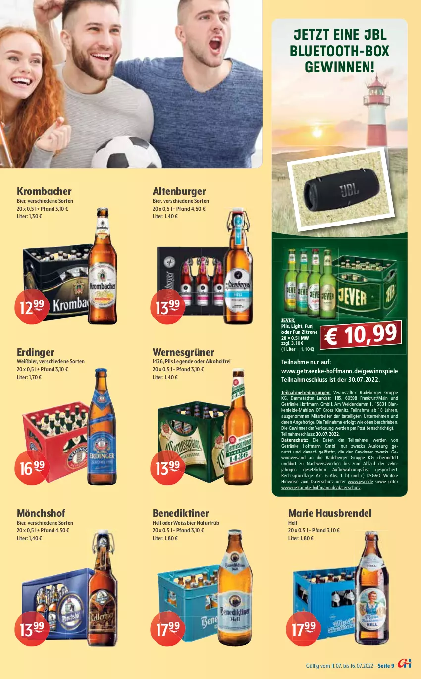 Aktueller Prospekt Getraenke Hoffmann - Prospekte - von 11.07 bis 16.07.2022 - strona 9 - produkty: alkohol, Alpirsbacher, altenburger, auer, Benediktiner, Berger, bier, Biere, burger, eis, elle, erde, erdinger, getränk, getränke, gewinnspiel, hacker pschorr, heineken, holsten, jbl, jever, kellerbier, krombache, krombacher, LG, mönchshof, natur, nuss, pils, pilsener, radeberger, Spiele, Staropramen, Sternburg, Ti, usb, weck, weissbier, zitrone