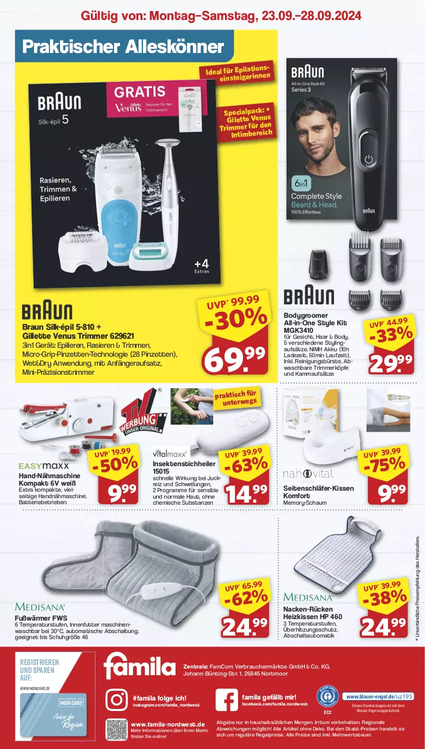 Aktueller Prospekt Famila - Prospekte - von 23.09 bis 28.09.2024 - strona 4 - produkty: akku, auer, auto, batterie, body, Bodygroom, braun, bürste, drucker, eis, elle, Engel, gillette, gillette venus, Heizkissen, HP, kerze, kissen, LG, Nähmaschine, Pinzette, Rauch, regal, Reinigung, reinigungsbürste, reis, rwe, Schal, sekt, teller, Ti, tisch, überhitzungsschutz, venus, ZTE