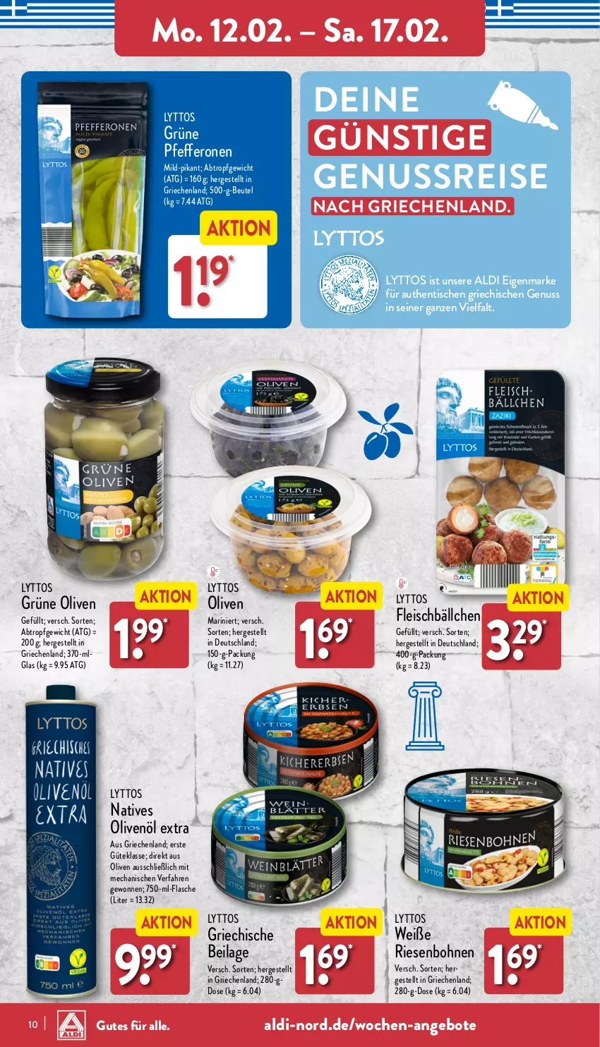 Aktueller Prospekt Aldi Nord - Von Montag - von 12.02 bis 17.02.2024 - strona 10 - produkty: aldi, angebot, angebote, beutel, bohne, bohnen, eis, flasche, fleisch, Fleischbällchen, grüne oliven, ilag, LG, natives olivenöl, nuss, olive, oliven, olivenöl, olivenöl extra, pfeffer, pfefferonen, reis, Ti, tisch