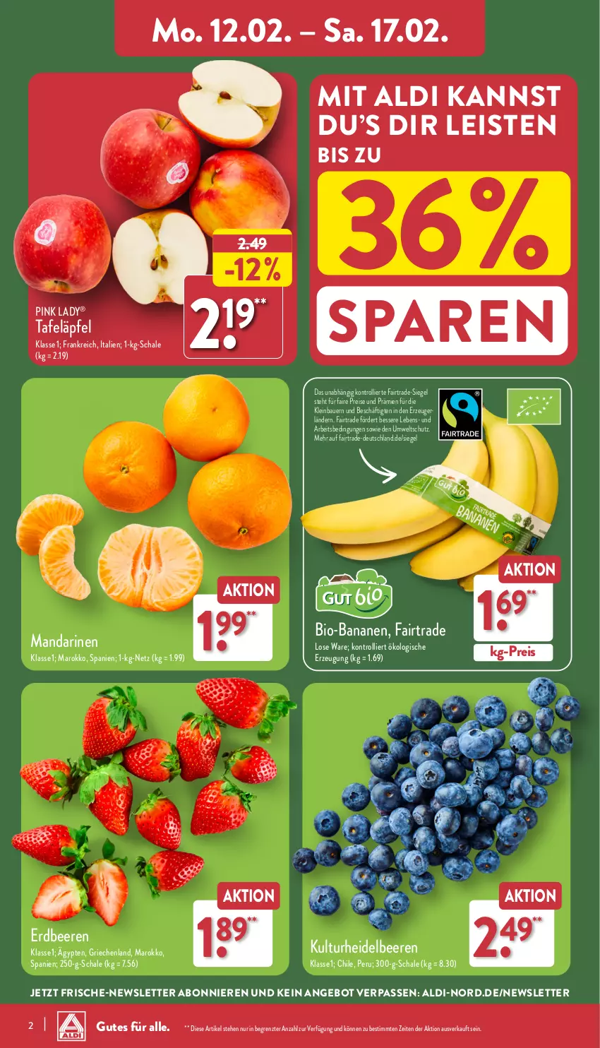 Aktueller Prospekt Aldi Nord - Von Montag - von 12.02 bis 17.02.2024 - strona 2 - produkty: aldi, angebot, auer, banane, bananen, Bau, Bauer, beere, beeren, bio, bio-bananen, eis, erdbeere, erdbeeren, heidelbeere, heidelbeeren, mandarine, mandarinen, Pink Lady, reis, Schal, Schale, tafeläpfel, Ti, trolli, ZTE