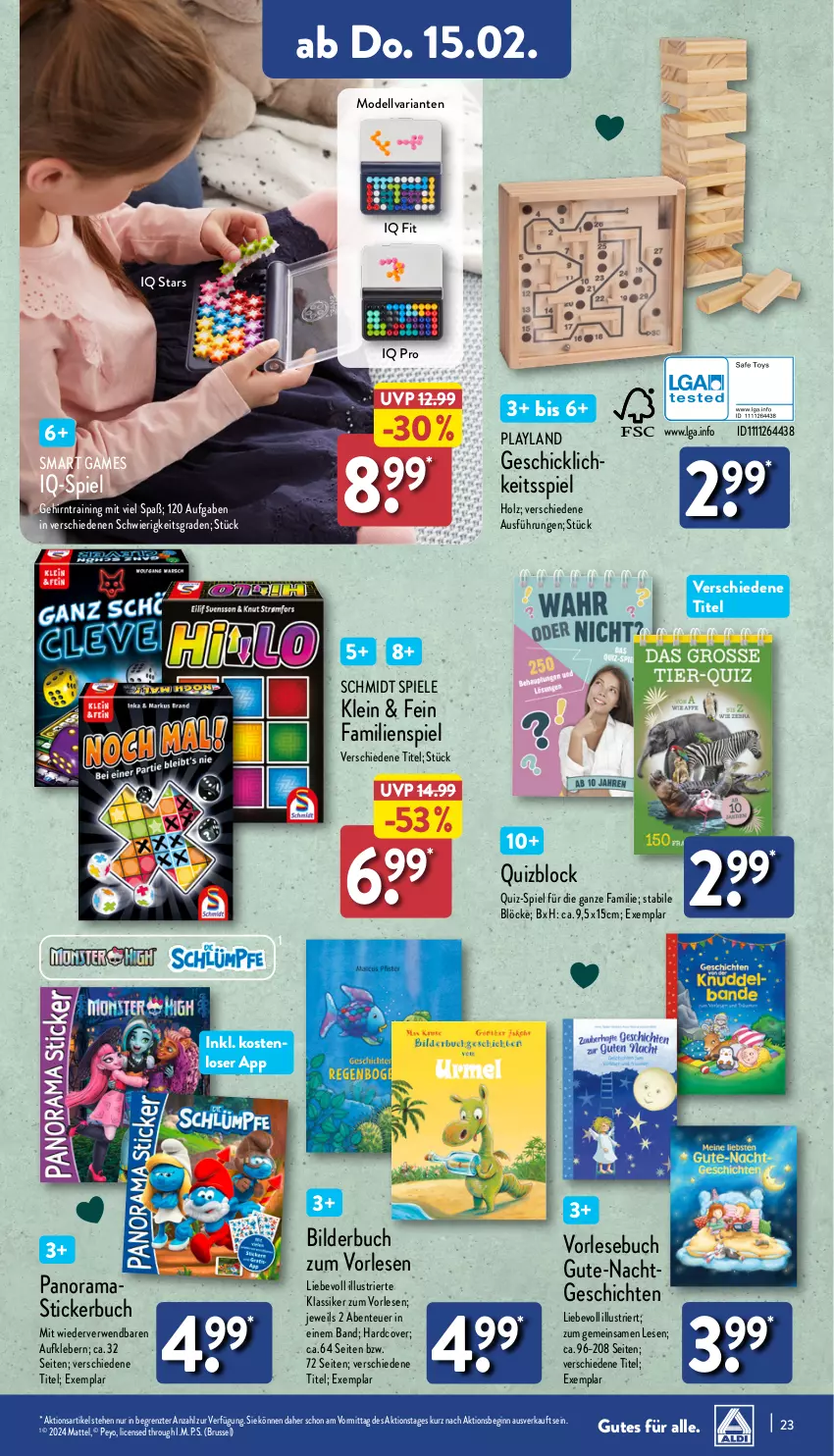 Aktueller Prospekt Aldi Nord - Von Montag - von 12.02 bis 17.02.2024 - strona 23 - produkty: asti, Aufkleber, buch, dell, ente, Familienspiel, gin, Holz, kleber, LG, Mattel, Mode, rama, Ria, rwe, Spiele, Stickerbuch, Ti, Yo, ZTE