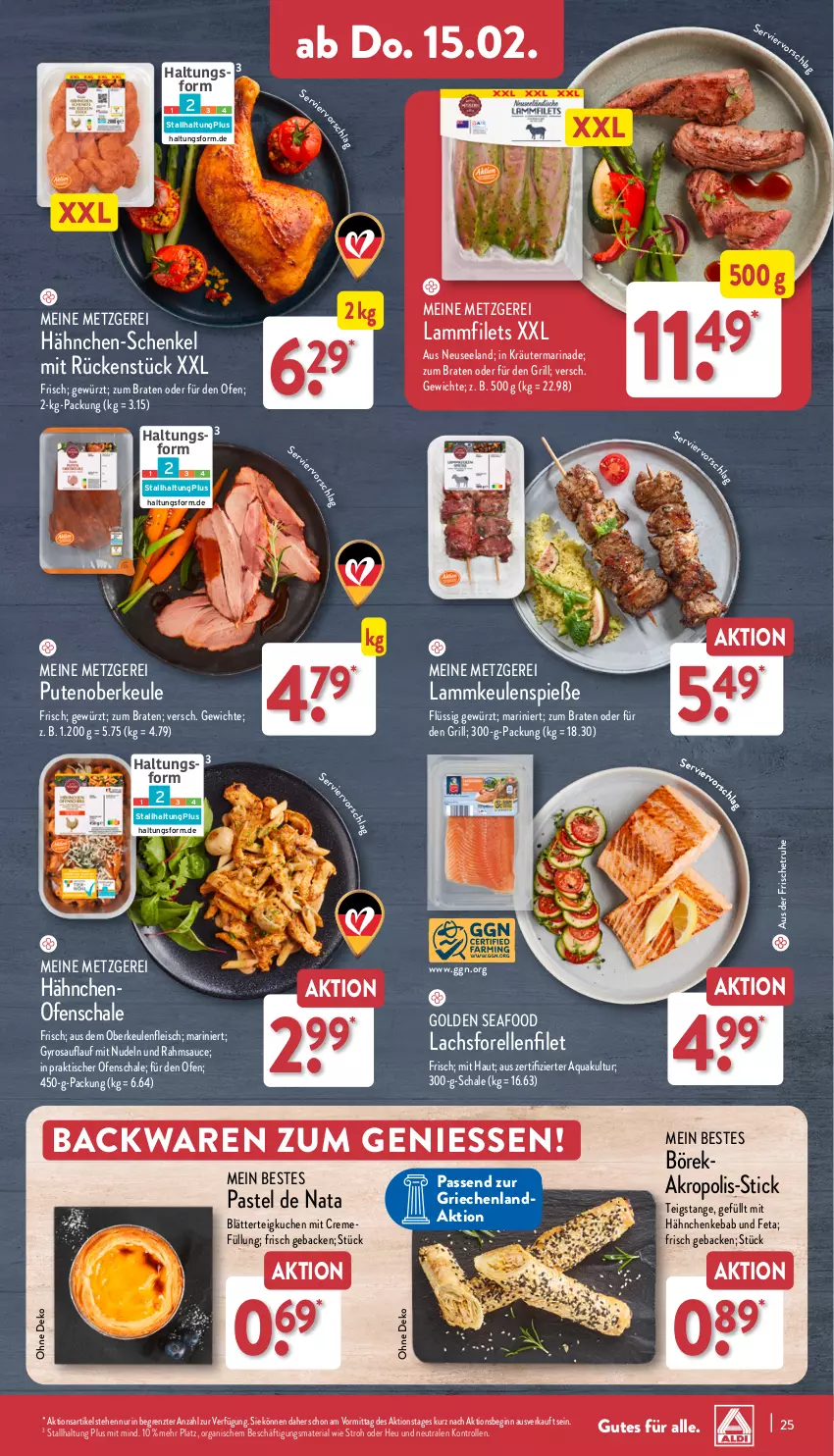 Aktueller Prospekt Aldi Nord - Von Montag - von 12.02 bis 17.02.2024 - strona 25 - produkty: aqua, backwaren, blätterteig, braten, creme, eis, Elan, elle, feta, filet, filets, fleisch, forelle, geback, gewürz, gin, grill, gyros, hähnchen-schenkel, henkel, Heu, kräuter, kuchen, lachs, lamm, Lammfilets, lammkeule, marinade, nudel, nudeln, Ofen, pute, rel, Ria, sauce, Schal, Schale, schenkel, Ti, tisch, ZTE