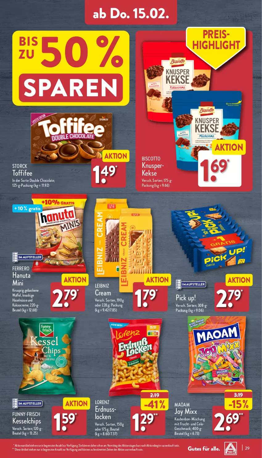 Aktueller Prospekt Aldi Nord - Von Montag - von 12.02 bis 17.02.2024 - strona 29 - produkty: beutel, biscotto, chips, cola, creme, eis, elle, erdnuss, ferrero, frucht, funny-frisch, geback, gin, hanuta, kakao, keks, kekse, leibniz, lorenz, mac, maoam, mit frucht, nuss, Pick Up!, reis, storck, teller, Ti, toffifee, ZTE