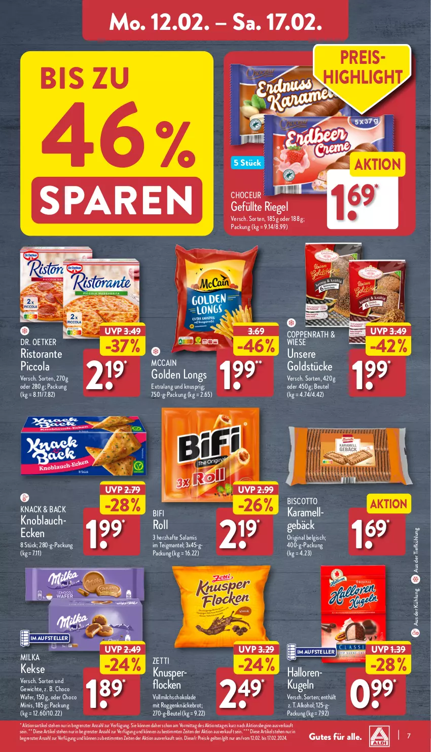 Aktueller Prospekt Aldi Nord - Von Montag - von 12.02 bis 17.02.2024 - strona 7 - produkty: alkohol, aus der tiefkühlung, beutel, bifi, biscotto, brot, cola, coppenrath, Dr. Oetker, eis, elle, gin, Golden Longs, Goldstücke, karamell, keks, kekse, knäckebrot, knoblauch, Kugel, LG, Mantel, mccain, milch, milka, reis, riegel, ristorante, salami, schoko, schokolade, teller, Ti, vollmilch, ZTE