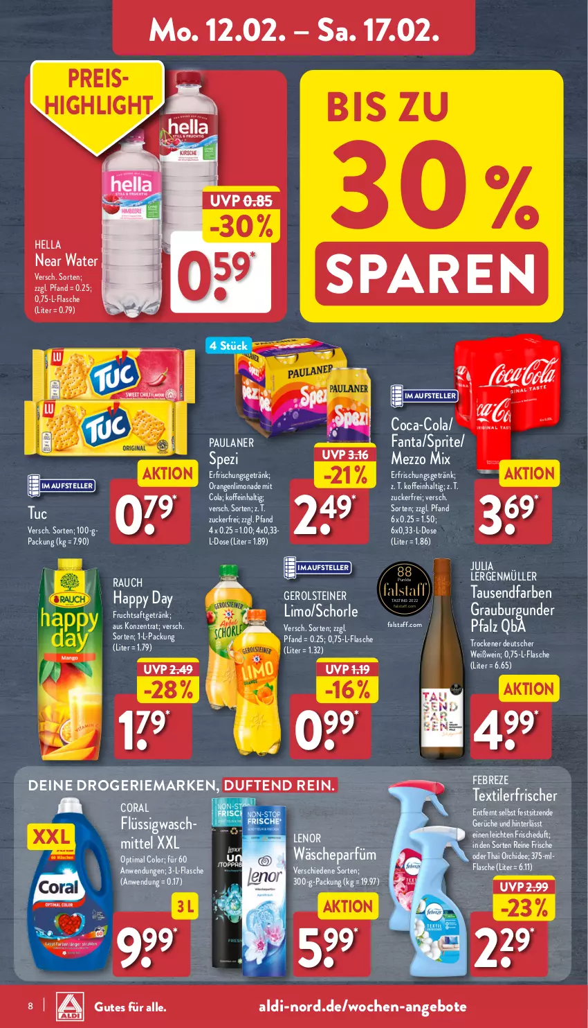 Aktueller Prospekt Aldi Nord - Von Montag - von 12.02 bis 17.02.2024 - strona 8 - produkty: aldi, angebot, angebote, asti, burgunder, coca-cola, cola, Coral, eis, elle, erfrischungsgetränk, fanta, febreze, flasche, frucht, fruchtsaft, fruchtsaftgetränk, gerolsteine, gerolsteiner, getränk, grauburgunder, hella, lenor, limo, limonade, Mezzo Mix, Müller, orange, orangen, orchidee, Paula, paulaner, Rauch, reis, saft, schorle, Spezi, sprite, steiner, teller, Ti, tuc, wein, Weißwein, zucker