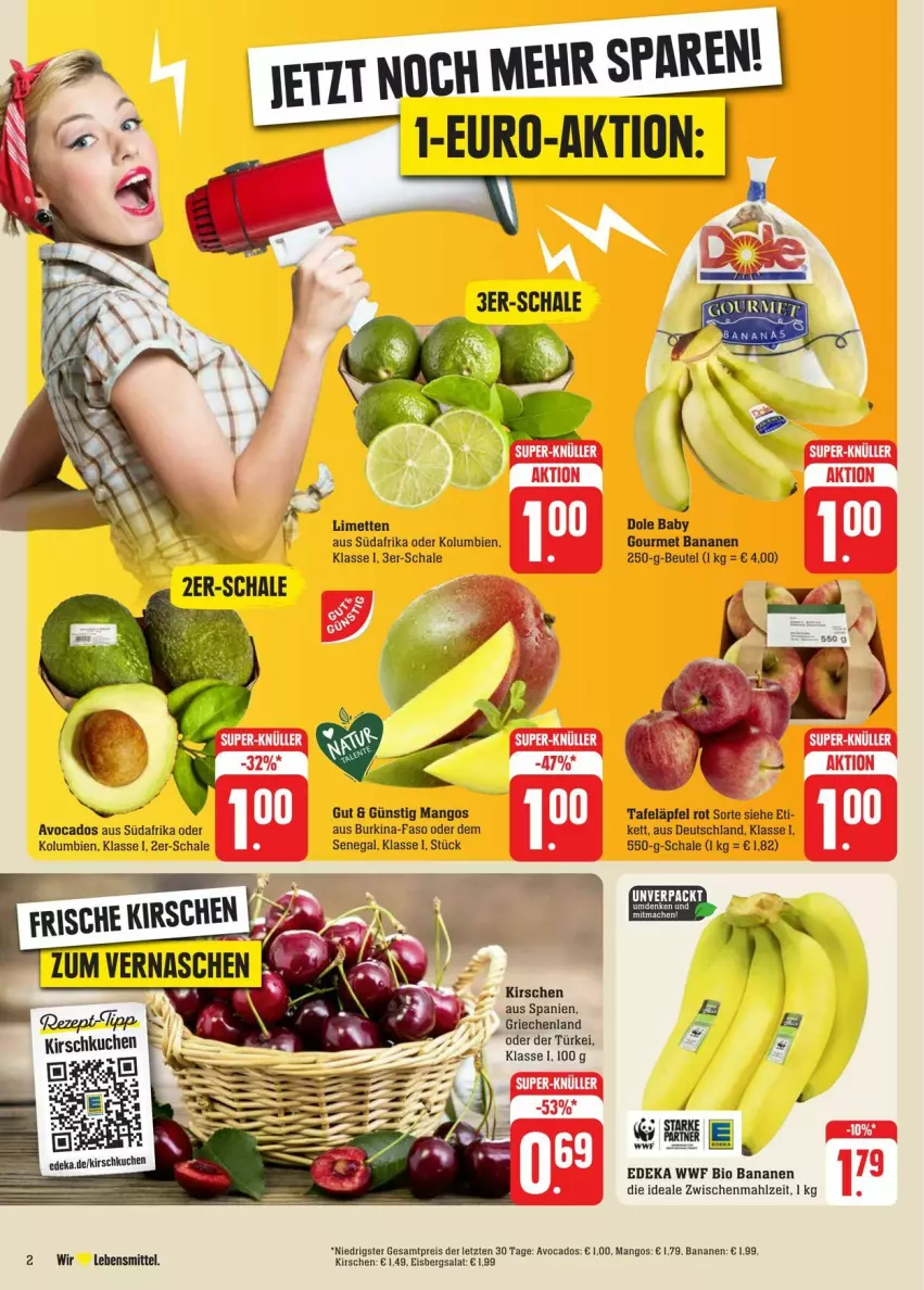 Aktueller Prospekt Edeka - Prospekte - von 25.05 bis 01.06.2024 - strona 2 - produkty: avocado, avocados, banane, bananen, beutel, bio, deka, eis, eisbergsalat, kirsch, kirsche, kirschen, lebensmittel, limette, limetten, mango, mangos, Mett, metten, reis, rezept, salat, Schal, Schale, tafeläpfel, Ti, ZTE