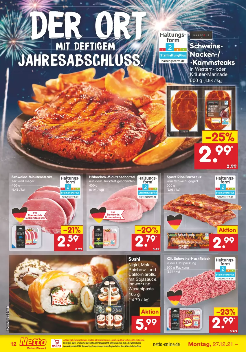 Aktueller Prospekt Netto Marken-Discount - Filial Angebote - von 27.12 bis 31.12.2021 - strona 12 - produkty: barbecue, brustfilet, eis, filet, fleisch, hackfleisch, ingwer, kräuter, marinade, minutenschnitzel, minutensteaks, ndk, oder kräuter, reis, resa, sauce, schnitten, schnitzel, schwein, schweine, schweinenacken, soja, sojasauce, spare ribs, steak, steaks, Sushi, Ti, versandkostenfrei, wasa, wein, weine, Weste