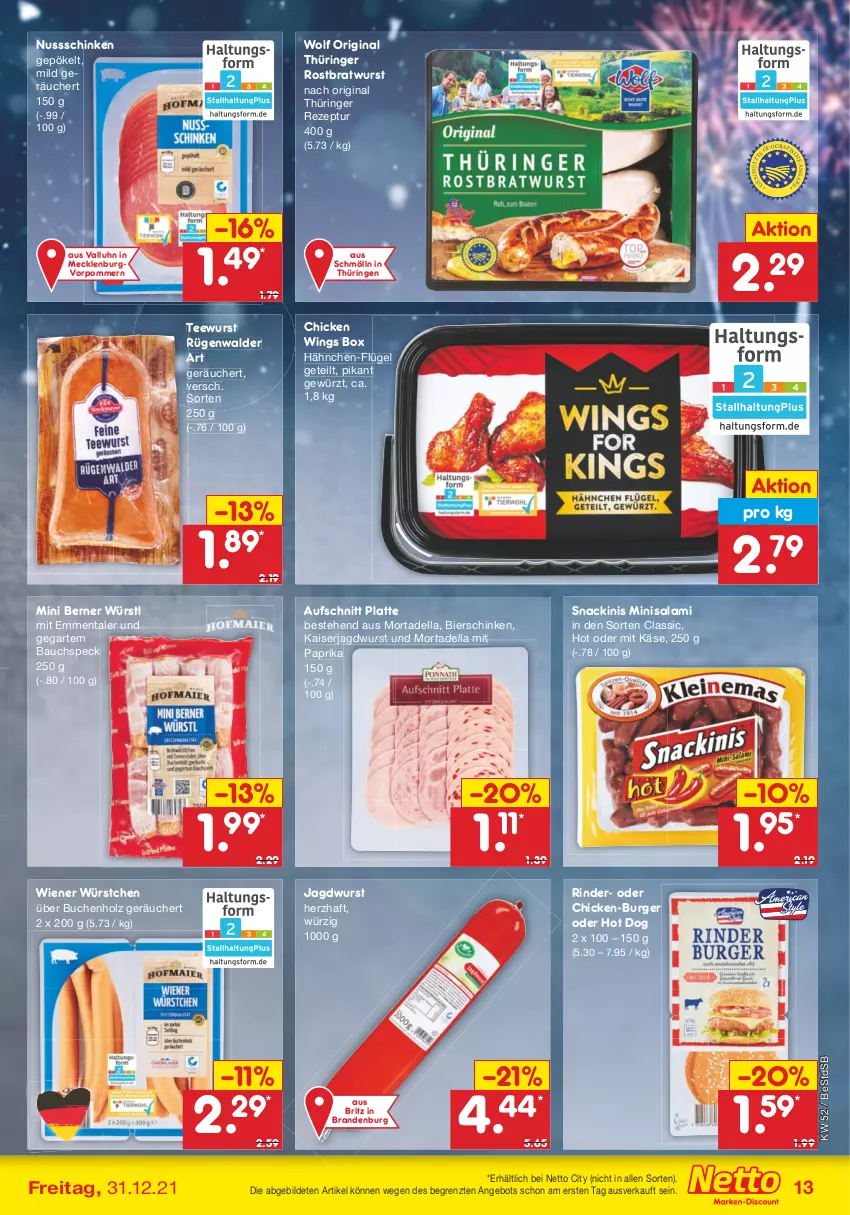 Aktueller Prospekt Netto Marken-Discount - Filial Angebote - von 27.12 bis 31.12.2021 - strona 13 - produkty: angebot, aufschnitt, Bau, bier, bierschinken, bratwurst, buch, burger, chicken wings, dell, emmentaler, gewürz, gin, Holz, hot dog, jagdwurst, Kaiser, Käse, latte, mit paprika, mortadella, nuss, original thüringer, paprika, rezept, rind, rinder, ring, rostbratwurst, rügenwalder, salami, schinken, snack, Speck, tee, teewurst, thüringer rostbratwurst, Ti, wiener, wiener würstchen, wurst, würstchen, ZTE