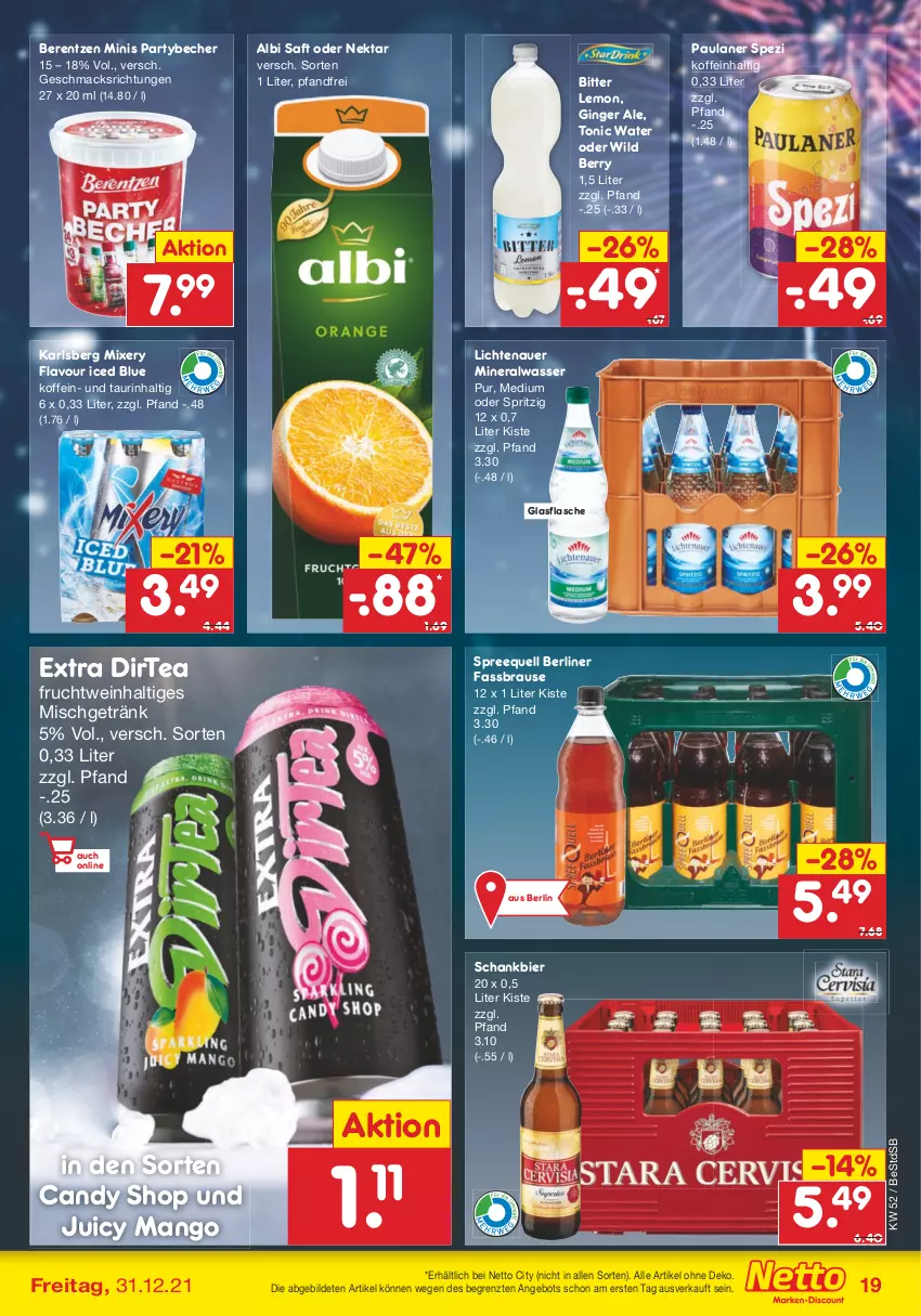 Aktueller Prospekt Netto Marken-Discount - Filial Angebote - von 27.12 bis 31.12.2021 - strona 19 - produkty: Alwa, angebot, auer, Becher, berentzen, berliner, bier, bitter lemon, brause, fassbrause, flasche, frucht, getränk, gin, ginger, ginger ale, glasflasche, karlsberg, karlsberg mixery, lichtenauer, mac, mango, mineralwasser, Mixer, mixery, Nektar, Paula, paulaner, saft, Schankbier, Spezi, Spreequell, Ti, tonic, tonic water, wasser, wein, Wild, wild berry, ZTE