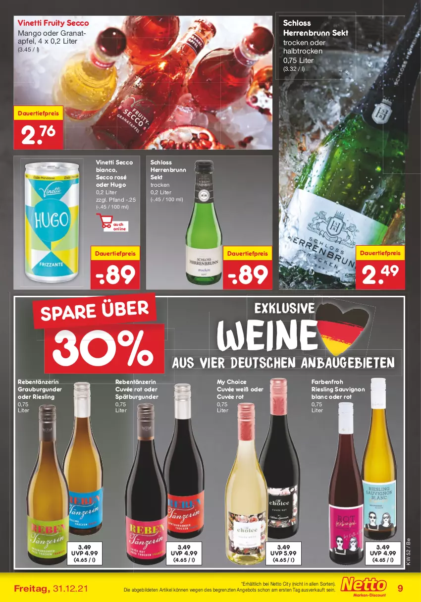 Aktueller Prospekt Netto Marken-Discount - Filial Angebote - von 27.12 bis 31.12.2021 - strona 37 - produkty: angebot, apfel, auer, Bau, burgunder, cuvée, dauertiefpreis, ecco, eis, grana, granatapfel, grauburgunder, hugo, mango, Rana, reis, riesling, sauvignon, sauvignon blanc, sekt, spätburgunder, Ti, tiefpreis, wein, weine, ZTE