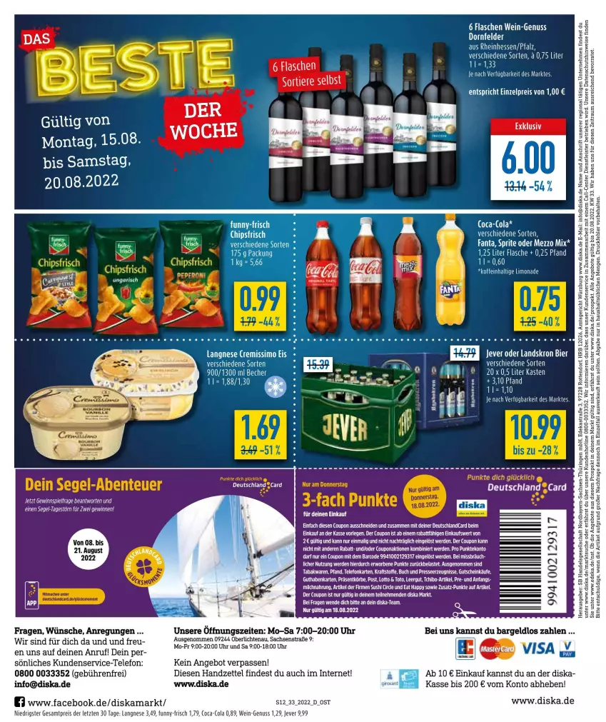 Aktueller Prospekt Diska - Prospekte - von 16.08 bis 20.08.2022 - strona 12 - produkty: angebot, angebote, Astra, Becher, bier, buch, coca-cola, cola, coupon, deka, dornfelder, eis, ente, erde, fanta, flasche, funny-frisch, gutschein, jever, kraft, langnese, limo, limonade, Mezzo Mix, milch, nuss, reis, ring, sac, sprite, Sushi, tee, telefon, Ti, uhr, wein, ZTE