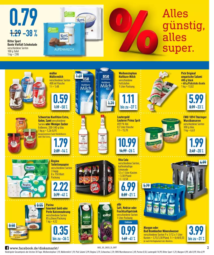 Aktueller Prospekt Diska - Prospekte - von 16.08 bis 20.08.2022 - strona 2 - produkty: Alwa, Bad, beere, bio, cola, eis, erdbeere, flasche, frucht, fruchtsaft, fruchtsaftgetränk, gelee, getränk, gin, gourmet gold, haltbare milch, heidelbeere, katzennahrung, konfitüre, konfitüre extra, milch, mineralwasser, Müller, müllermilch, Nektar, papier, purina, reis, ring, ritter, ritter sport, saft, salami, schoko, schokolade, Schwartau, Sport, Ti, toilettenpapier, Ungarische Salami, vita, wasser, weihenstephan, wurst, ZTE, zucker