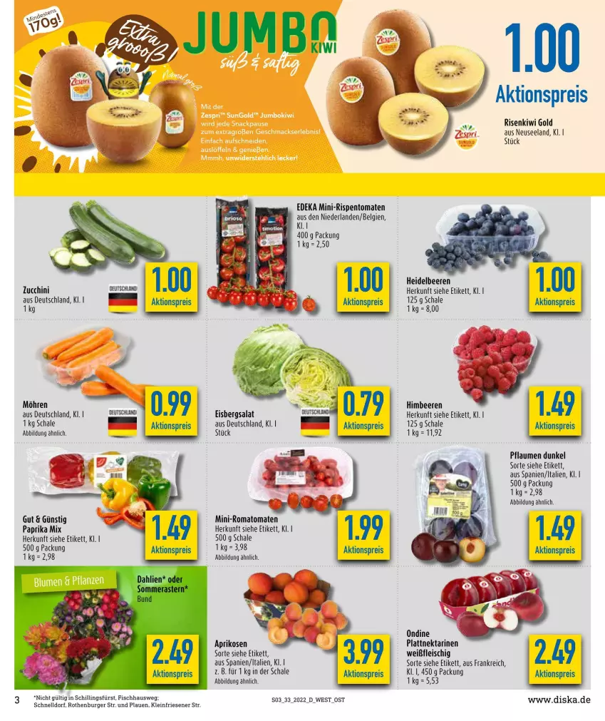 Aktueller Prospekt Diska - Prospekte - von 16.08 bis 20.08.2022 - strona 3 - produkty: aktionspreis, aprikose, aprikosen, beere, beeren, burger, deka, eis, eisbergsalat, Elan, fisch, fleisch, heidelbeere, heidelbeeren, himbeer, himbeere, himbeeren, kiwi, Kiwi Gold, LG, mini-rispentomaten, möhren, Nektar, nektarinen, paprika, paprika mix, pflaume, pflaumen, reis, rispentomaten, Romatomaten, salat, Schal, Schale, tee, Ti, tomate, tomaten, zucchini