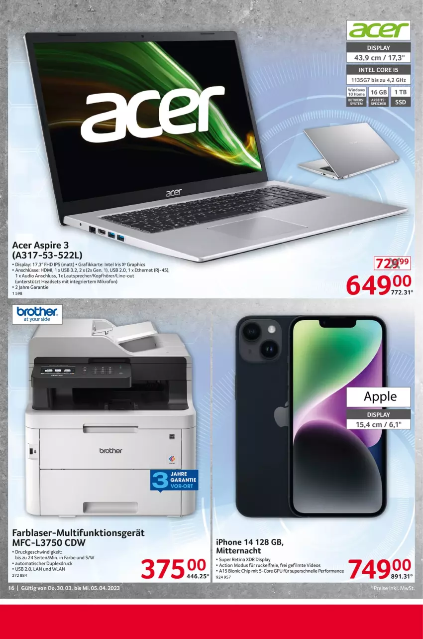 Aktueller Prospekt Selgros - Nonfood - von 30.03 bis 05.04.2023 - strona 16 - produkty: acer, auto, bio, deo, elle, HDMI, Headset, Intel, iphone, kopfhörer, lautsprecher, Ti, tisch, usb, Yo