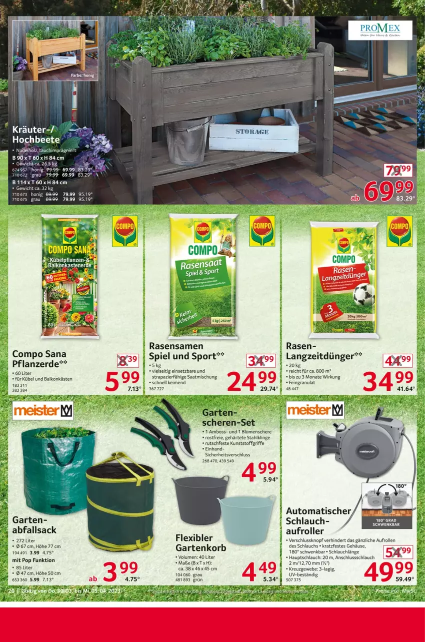 Aktueller Prospekt Selgros - Nonfood - von 30.03 bis 05.04.2023 - strona 20 - produkty: auto, blume, blumen, boss, compo sana, dünger, erde, Garten, honig, kräuter, kübelpflanzen, pflanze, pflanzen, pflanzerde, rasen, rasensamen, Roller, sac, sana, Schere, schlauch, Sport, Ti, tisch