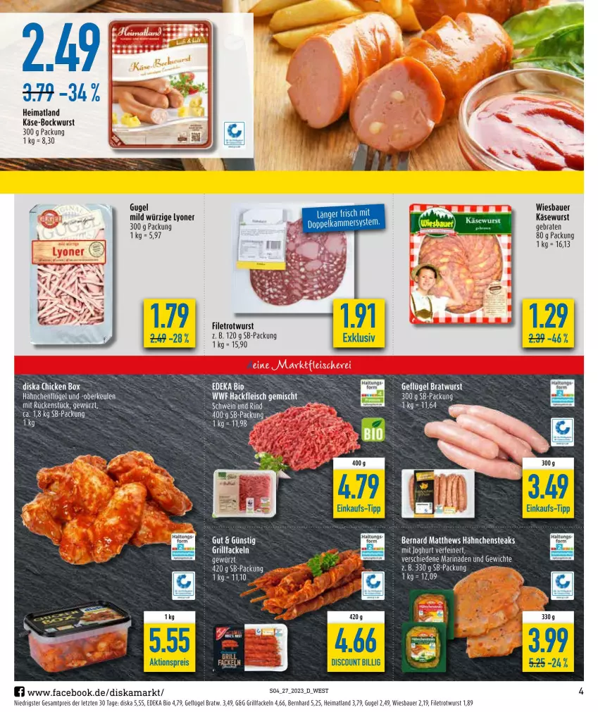 Aktueller Prospekt Diska - Prospekte - von 03.07 bis 08.07.2023 - strona 4 - produkty: aktionspreis, auer, Bau, Bauer, bio, bockwurst, braten, bratwurst, deka, discount, edeka bio, eis, filet, Geflügel, gewürz, grill, grillfackeln, hähnchenflügel, Hähnchensteak, hähnchensteaks, joghur, joghurt, Käse, Käsewurst, lyoner, reis, rind, Rotwurst, schwein, schwein und rind, steak, steaks, Ti, wein, wiesbauer, wurst, Yo, ZTE