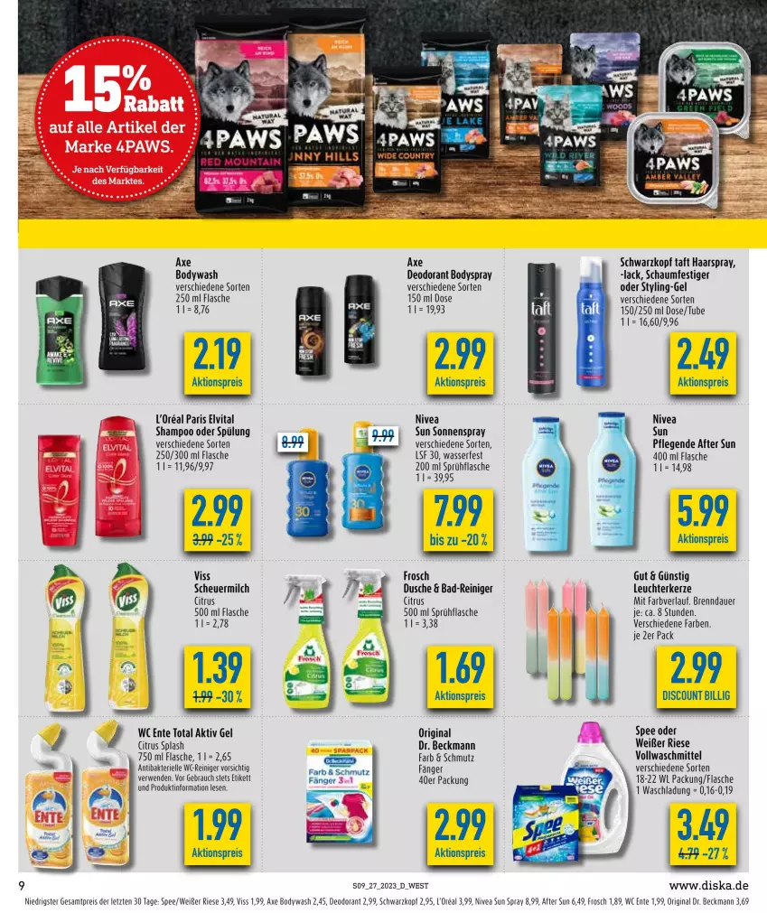 Aktueller Prospekt Diska - Prospekte - von 03.07 bis 08.07.2023 - strona 9 - produkty: after sun, aktionspreis, aktiv gel, auer, axe, Bad, Bad-Reiniger, body, bodyspray, citrus, deo, deodorant, discount, Dr. Beckmann, dusche, eis, elle, elvital, ente, flasche, Frosch, gin, haarspray, Heu, kerze, l'oreal, Leuchte, milch, nivea, nivea sun, Rauch, reiniger, reis, rwe, schaumfestiger, scheuermilch, schwarzkop, schwarzkopf, shampoo, shampoo oder spülung, sonnenspray, spee, sprühflasche, spülung, Sun Spray, Taft, Ti, vita, vollwaschmittel, waschmittel, wasser, wc ente, ZTE