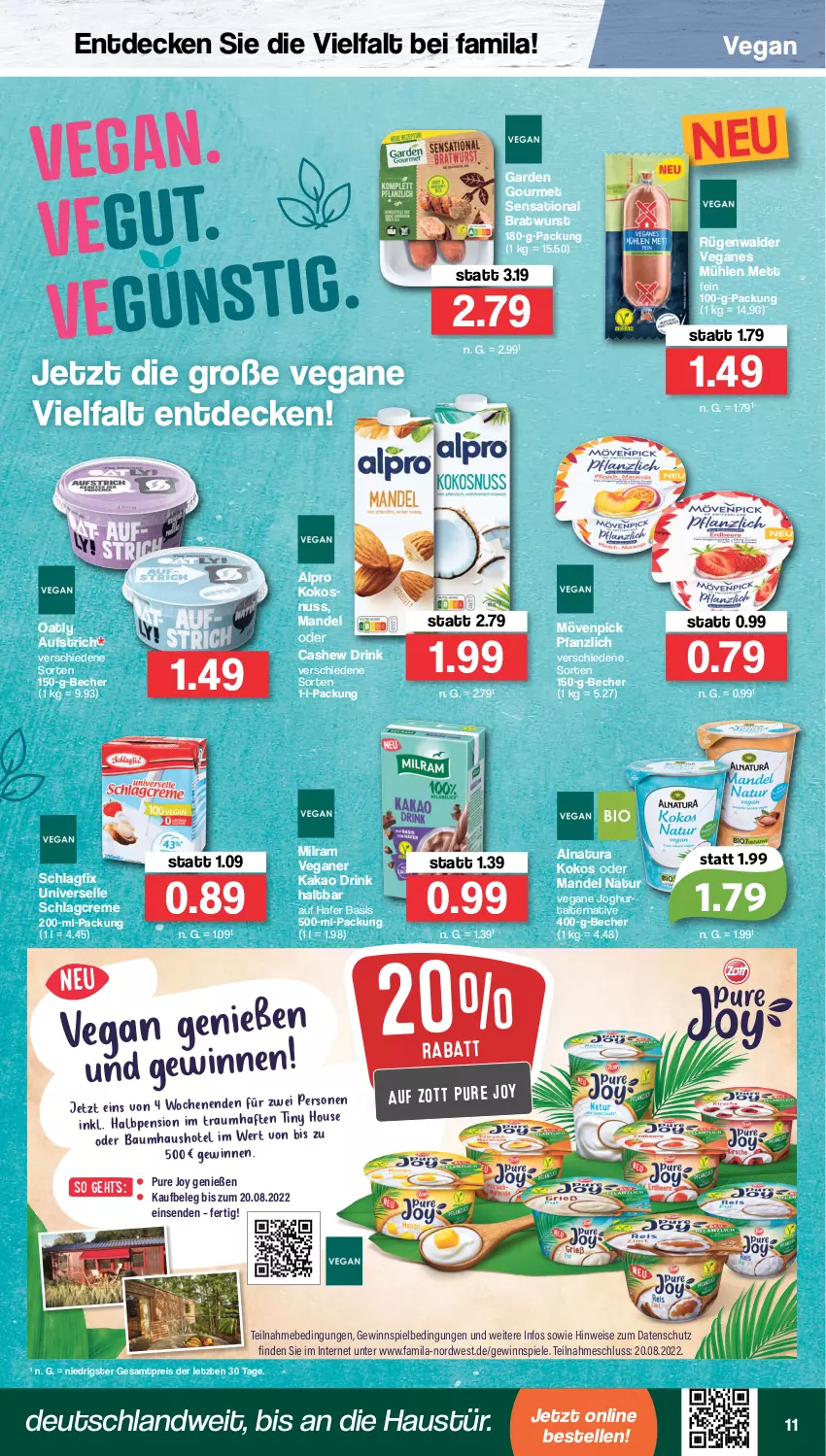 Aktueller Prospekt Famila - Prospekte - von 08.08 bis 13.08.2022 - strona 11 - produkty: alpro, aufstrich, aust, Bau, Becher, bratwurst, Cashew, creme, decke, drink, eis, elle, garden gourmet, gewinnspiel, hafer, joghur, joghurt, kakao, kokos, kokosnuss, mandel, Mett, milram, mövenpick, natur, natura, nuss, reis, rügenwalder, Spiele, Ti, wurst, zott, ZTE