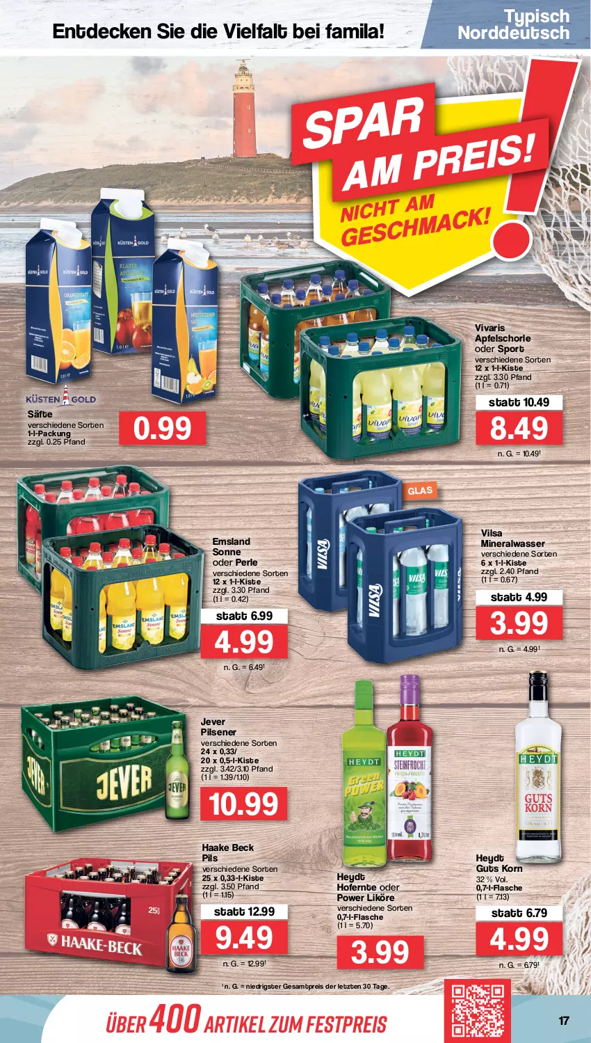 Aktueller Prospekt Famila - Prospekte - von 08.08 bis 13.08.2022 - strona 17 - produkty: Alwa, apfel, Apfelschorle, decke, eis, flasche, jever, jever pilsener, korn, likör, mineralwasser, pils, pilsener, reis, säfte, schorle, Sport, Ti, vilsa, Vivaris, wasser, ZTE