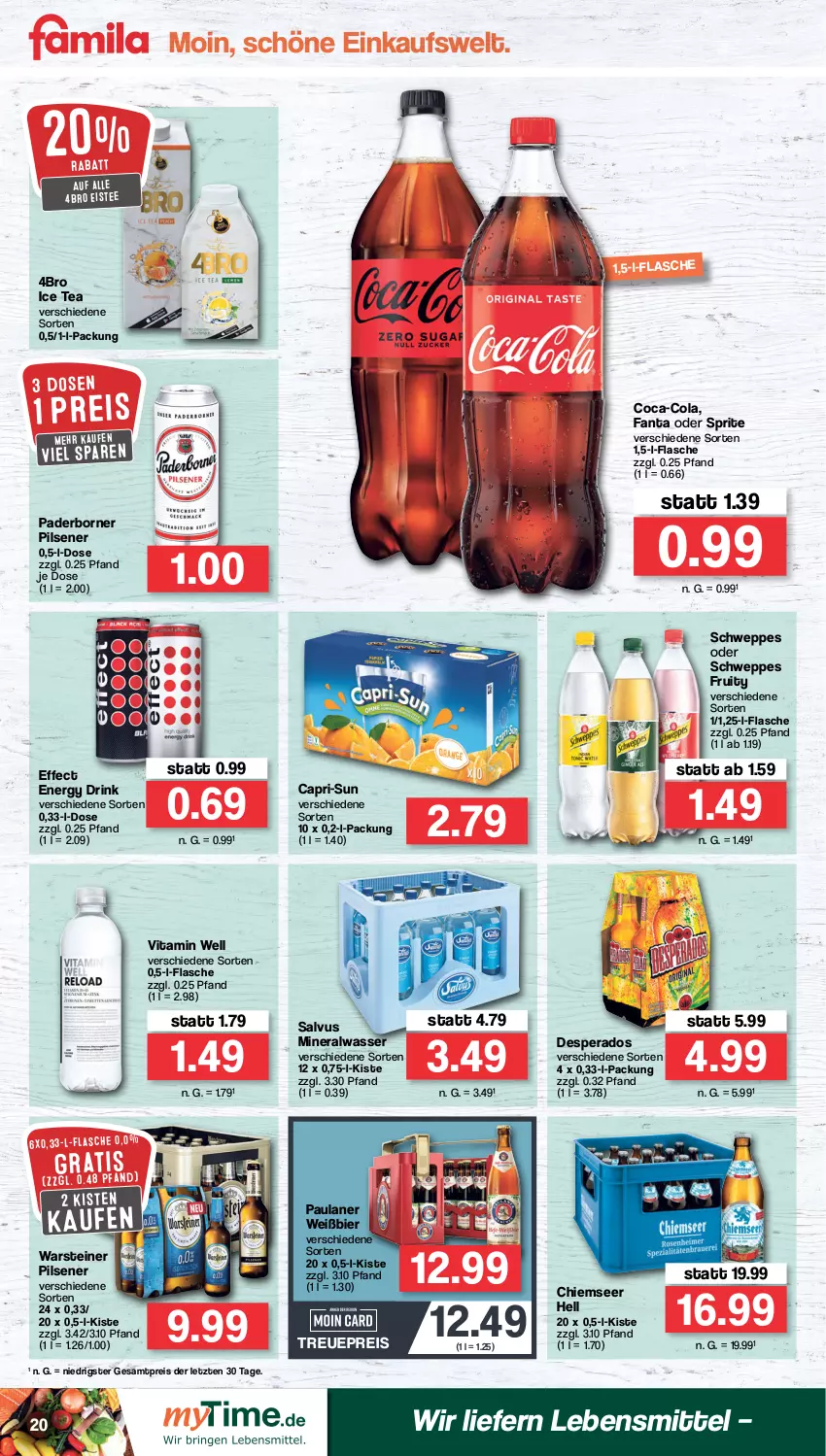 Aktueller Prospekt Famila - Prospekte - von 08.08 bis 13.08.2022 - strona 20 - produkty: Alwa, bier, Cap, capri-sun, coca-cola, cola, desperados, drink, Effect, eis, eistee, energy drink, fanta, fanta oder, fanta oder sprite, flasche, ice tea, lebensmittel, mineralwasser, oder sprite, Paula, paulaner, pils, pilsener, reis, schweppes, sprite, steiner, tee, Ti, vita, warsteiner, wasser, ZTE