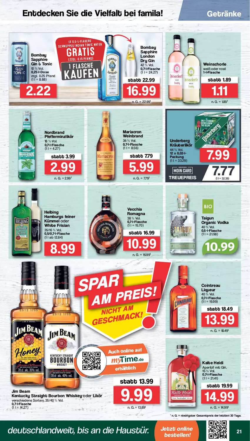 Aktueller Prospekt Famila - Prospekte - von 08.08 bis 13.08.2022 - strona 21 - produkty: aperitif, aust, bombay sapphire, bourbon, bourbon whiskey, chia, decke, dry gin, eis, elle, flasche, getränk, getränke, gin, jim beam, kentucky straight, kräuter, kräuterlikör, likör, liqueur, london dry, london dry gin, mariacron, nordbrand, pfeffer, pfefferminzlikör, reis, Ria, sapphire, schorle, Ti, tonic, tuc, underberg, Vecchia Romagna, vodka, wein, weinbrand, weinschorle, whiskey, ZTE