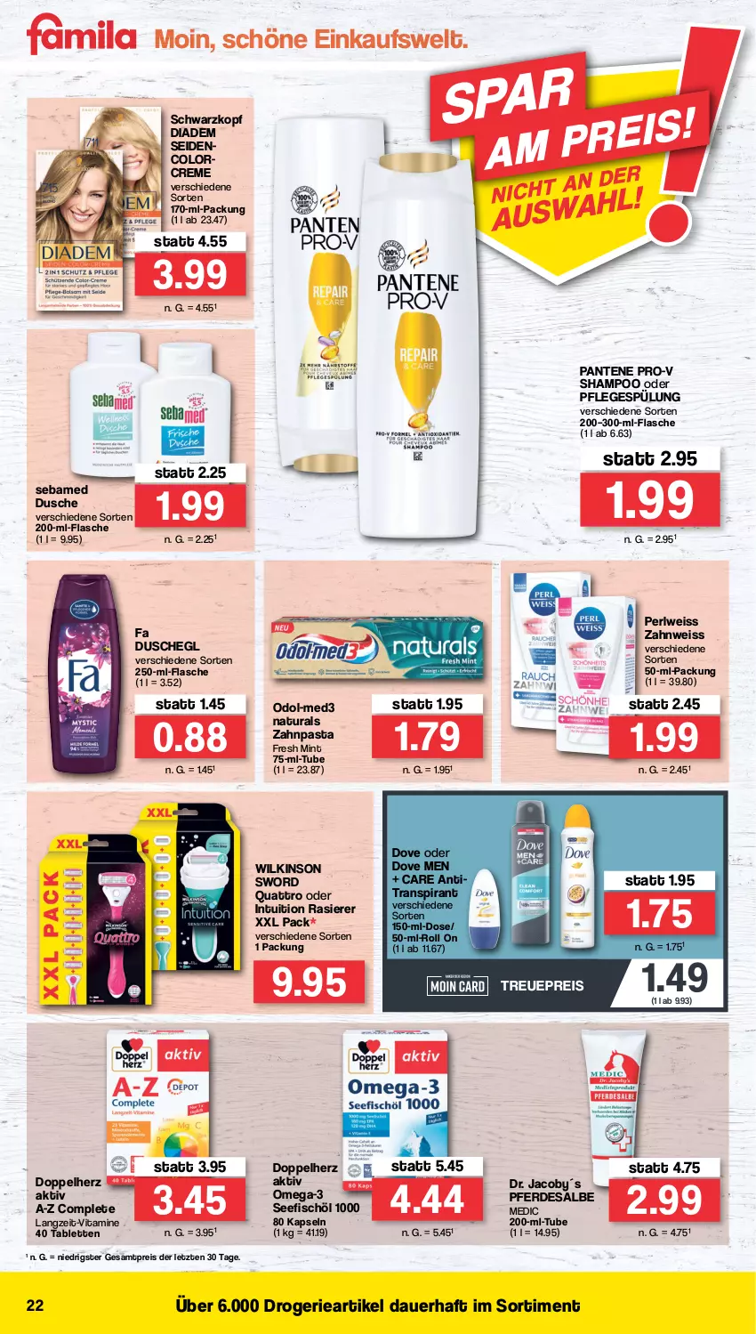 Aktueller Prospekt Famila - Prospekte - von 08.08 bis 13.08.2022 - strona 22 - produkty: Antitranspirant, auer, creme, diadem, doppelherz, dove, dusche, eis, erde, fisch, flasche, mint, natur, natura, Odol, omega, Omega-3, pantene, pantene pro-v, pasta, Pflegespülung, pro-v, rasierer, reis, schwarzkop, schwarzkopf, sebamed, shampoo, spülung, tablet, tablett, Tablette, Ti, vita, Vitamine, wilkinson, zahnpasta, ZTE