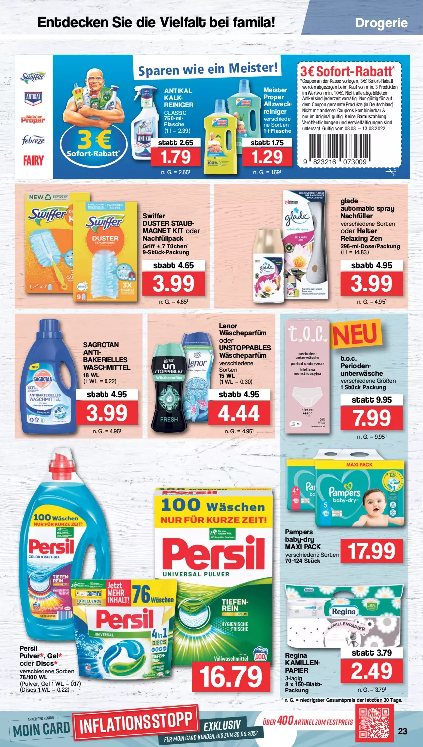 Aktueller Prospekt Famila - Prospekte - von 08.08 bis 13.08.2022 - strona 23 - produkty: auto, baby-dry, coupon, coupons, decke, eis, elle, erde, flasche, gin, Glade, Kamill, kamille, lenor, Meister, meister proper, pampers, papier, persil, reiniger, reis, rel, sagrotan, sofort-rabatt, swiffer, Ti, tücher, Unterwäsche, wäscheparfüm, waschmittel, weck, ZTE