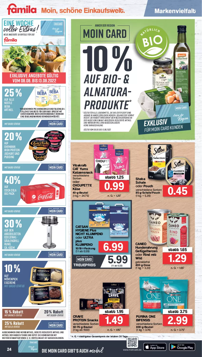 Aktueller Prospekt Famila - Prospekte - von 08.08 bis 13.08.2022 - strona 24 - produkty: angebot, angebote, Beba, beutel, bio, catsan, cola, creme, edelstahl, ehrmann, eis, eiscreme, folgemilch, Gefügel, grill, hundenahrung, joghur, joghurt, Käse, katzensnack, Kinder, kraft, lebensmittel, LG, milch, mövenpick, mövenpick eis, natur, natura, pudding, purina, reis, rind, rwe, Säulengrill, Schal, Schale, sheba, snack, snacks, Tchibo, Ti, vita, vitakraft, Wild, ZTE