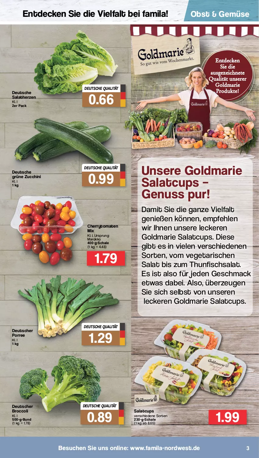 Aktueller Prospekt Famila - Prospekte - von 08.08 bis 13.08.2022 - strona 3 - produkty: broccoli, cherrytomaten, decke, fisch, goldmarie, mac, nuss, obst, salat, salatherzen, Schal, Schale, thunfisch, Thunfischsalat, tomate, tomaten, Vegeta, zucchini