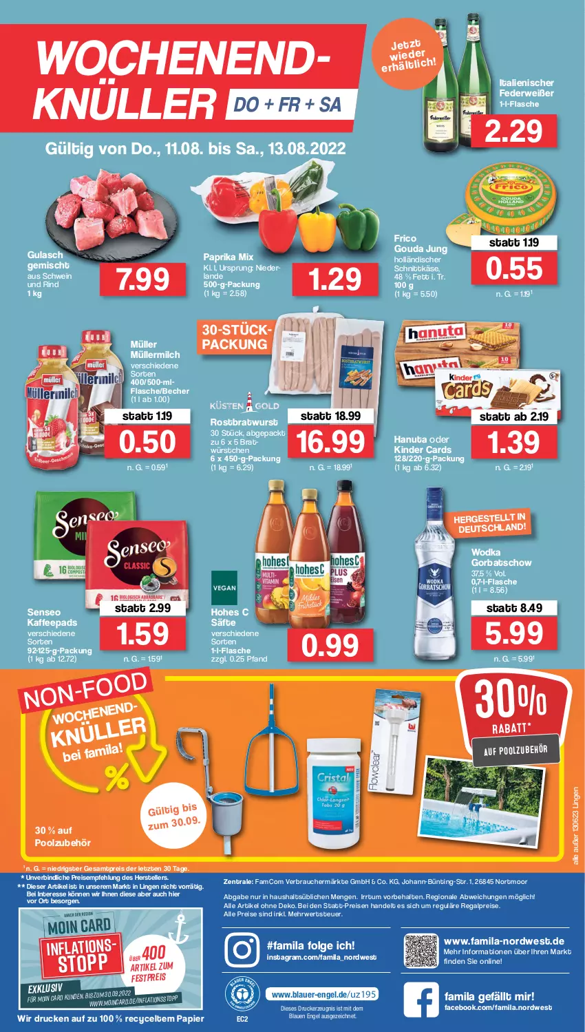 Aktueller Prospekt Famila - Prospekte - von 08.08 bis 13.08.2022 - strona 32 - produkty: auer, Becher, bratwurst, drucker, eis, elle, Engel, flasche, frico, Gorbatschow, gouda, gouda jung, gulasch, hanuta, Hohes C, holländischer schnittkäse, kaffee, kaffeepads, Käse, kerze, Kinder, LG, milch, Müller, müllermilch, ndk, papier, paprika, paprika mix, pool, Rauch, regal, reis, rind, rostbratwurst, rwe, säfte, schnittkäse, schwein, schwein und rind, senseo, teller, Ti, wein, wodka, wurst, würstchen, ZTE