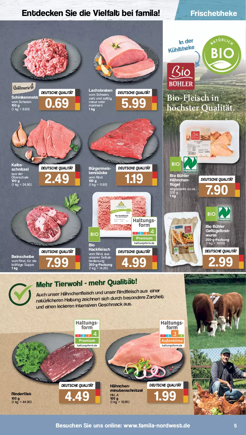 Aktueller Prospekt Famila - Prospekte - von 08.08 bis 13.08.2022 - strona 5 - produkty: bio, braten, bratwurst, decke, eis, filet, fleisch, Geflügel, Germ, hackfleisch, Hähnchenfleisch, lachs, Lachsbraten, Meister, Mett, minutenschnitzel, natur, rind, rinder, rinderfilet, rindfleisch, saft, Schal, Schale, schinken, schnitzel, schwein, suppe, Ti, wein, wurst