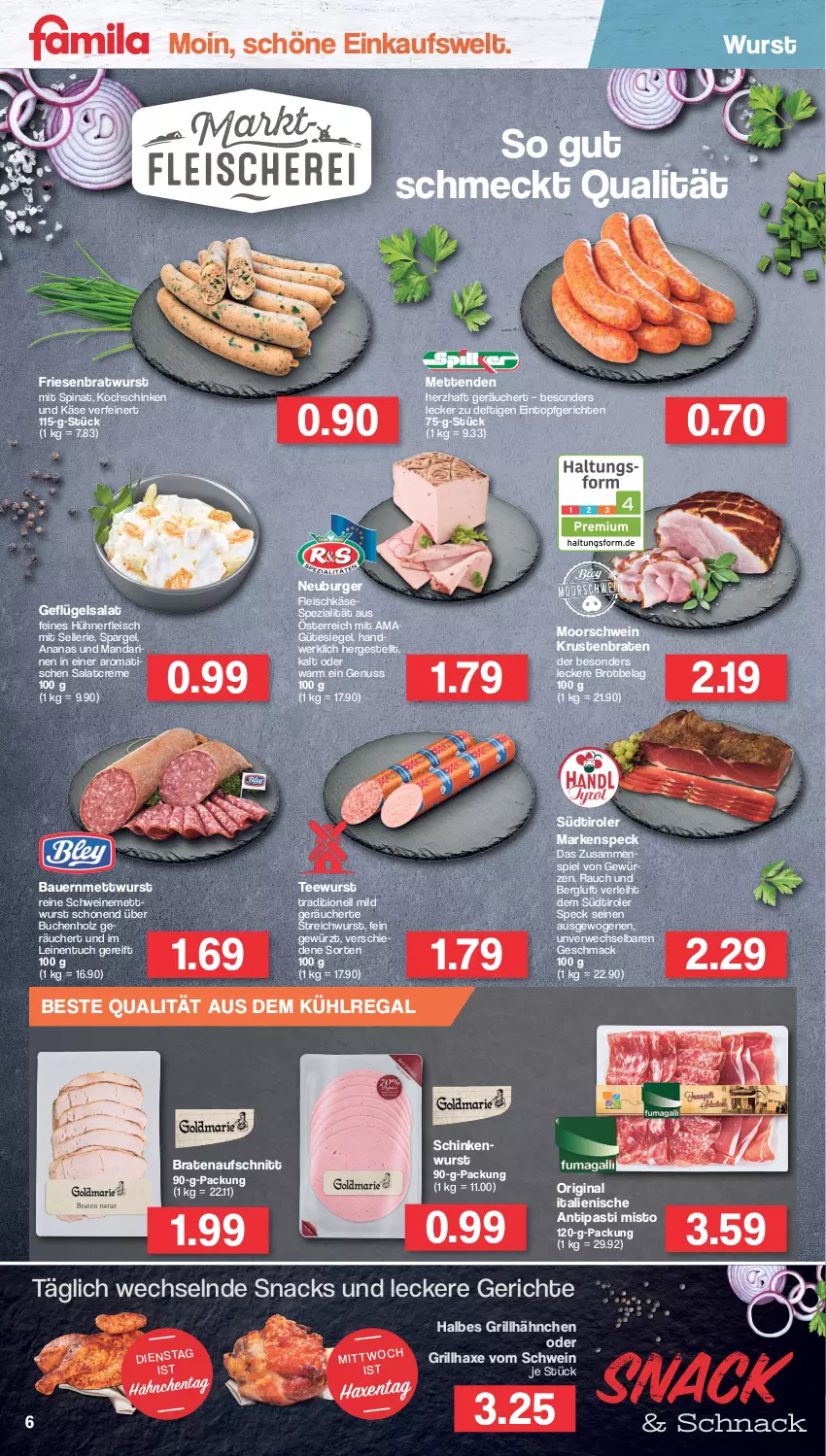 Aktueller Prospekt Famila - Prospekte - von 08.08 bis 13.08.2022 - strona 6 - produkty: ananas, antipasti, asti, auer, aufschnitt, aus dem kühlregal, axe, Bau, Bauer, braten, bratenaufschnitt, bratwurst, brot, buch, burger, creme, eintopf, eis, elle, fleisch, fleischkäse, Geflügel, geflügelsalat, gewürz, gin, grill, grillhähnchen, grillhaxe, Haxe, Holz, hühner, Käse, kochschinken, krustenbraten, kühlregal, leine, mac, mandarine, mandarinen, Mett, metten, Mettenden, mettwurst, nerf, Neuburger, nuss, Rauch, regal, rwe, salat, salatcreme, schinken, schinkenwurst, schwein, schweine, schweinemett, snack, snacks, spargel, Speck, Spezi, spinat, südtiroler, tee, teewurst, Ti, tisch, topf, tuc, wein, weine, wurst