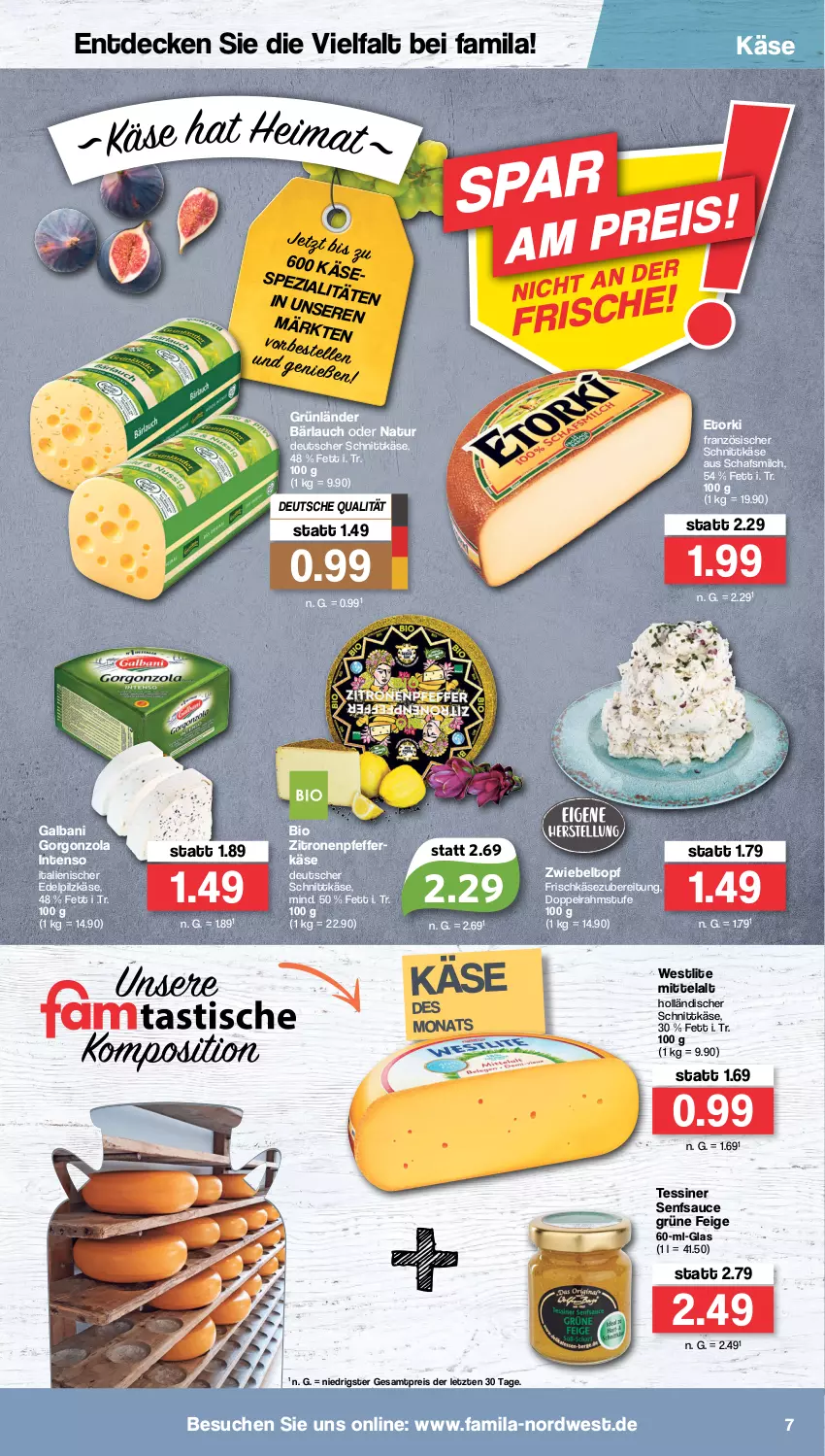 Aktueller Prospekt Famila - Prospekte - von 08.08 bis 13.08.2022 - strona 7 - produkty: bio, decke, deutscher schnittkäse, doppelrahmstufe, eis, frischkäse, frischkäsezubereitung, galbani, gorgonzola, grünländer, holländischer schnittkäse, intenso, Käse, milch, natur, pfeffer, reis, sauce, schnittkäse, senf, Spezi, topf, zitrone, zitronen, ZTE, zwiebel