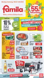 Gazetka promocyjna Famila - Prospekte - Gazetka - ważna od 13.08 do 13.08.2022 - strona 1 - produkty: angebot, angebote, Becher, beutel, bio, chips, crunchips, eier, eis, ente, erdnuss, flasche, frischkäse, gewürz, grill, Grillzubehör, Havana Club, Käse, Kohlegrill, lorenz, lorenz crunchips, natur, natura, nuss, Ofen, philadelphia, pils, pilsener, pizza, reis, Schal, Schale, schinken, Schinkensteak, schwein, steak, steaks, steinofen, steinofen pizza, strandtasche, tafeltrauben, Tasche, Ti, trauben, wagner, wein, ZTE