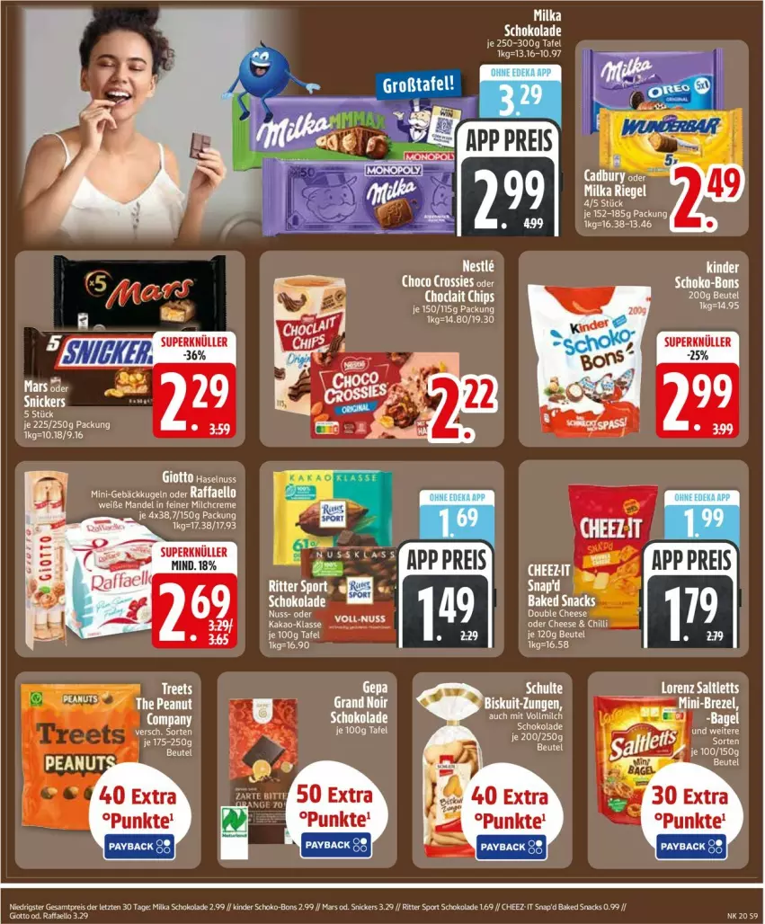 Aktueller Prospekt Edeka - Prospekte - von 11.05 bis 16.05.2026 - strona 11 - produkty: beutel, chips, choclait chips, eier, eis, giotto, kakao, Kinder, mandel, mars, milch, milka, milka schokolade, nuss, payback, raffaello, reis, ritter, ritter sport, schoko, schoko-bons, schokolade, snack, snacks, snickers, Sport, tee, Yo, ZTE