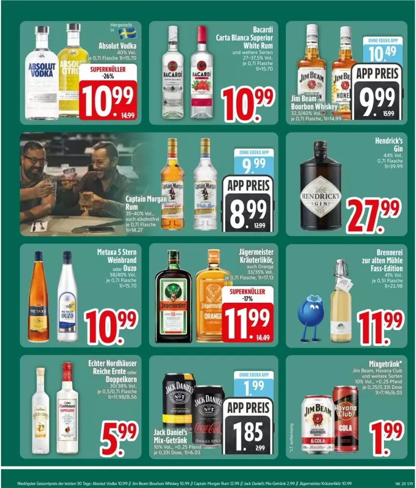 Aktueller Prospekt Edeka - Prospekte - von 11.05 bis 16.05.2026 - strona 21 - produkty: Absolut Vodka, bacardi, Berger, bourbon, bourbon whiskey, Cap, captain morgan, doppelkorn, eis, elle, flasche, Germ, getränk, jägermeister, jim beam, korn, kräuter, kräuterlikör, likör, Meister, Metaxa, Mixgetränk, reis, rum, vodka, wein, weinbrand, whiskey, ZTE