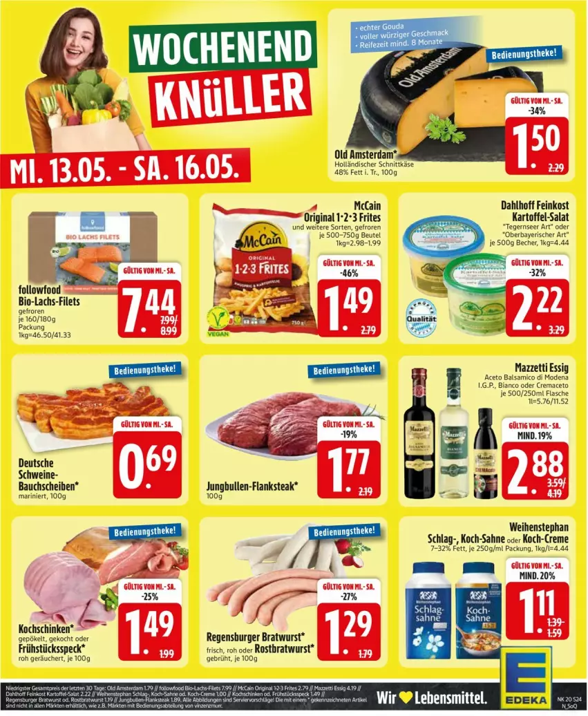 Aktueller Prospekt Edeka - Prospekte - von 11.05 bis 16.05.2026 - strona 26 - produkty: aceto, aceto balsamico, balsam, balsamico, Bau, bauchscheiben, Becher, bio, bratwurst, burger, creme, essig, feinkost, filet, filets, flasche, Frühstücksspeck, gin, kartoffel, Käse, kochschinken, lachs, mac, Mode, regensburger, rostbratwurst, sahne, salat, schinken, schnittkäse, schwein, schweine, Speck, Tegernseer, Ti, weihenstephan, wein, weine, wurst