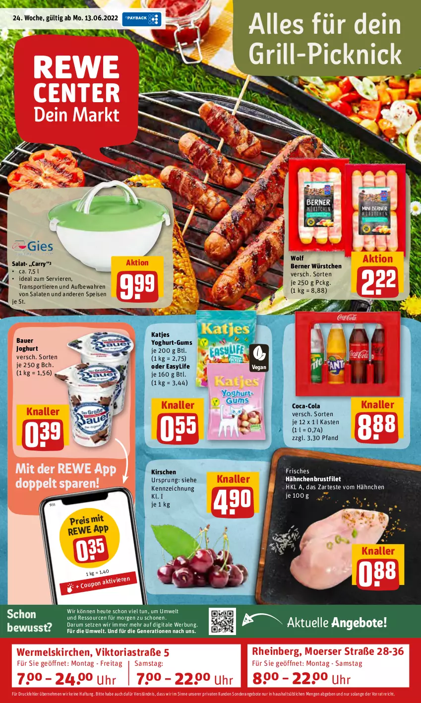 Aktueller Prospekt Rewe - Prospekte - von 13.06 bis 19.06.2022 - strona 1 - produkty: angebot, angebote, Astra, auer, Bau, Bauer, brustfilet, coca-cola, cola, eis, elle, filet, grill, hähnchenbrust, hähnchenbrustfilet, Heu, joghur, joghurt, katjes, kirsch, kirsche, kirschen, reis, Ria, rum, salat, salate, Sport, Ti, Tiere, uhr, würstchen, Yo, yoghurt