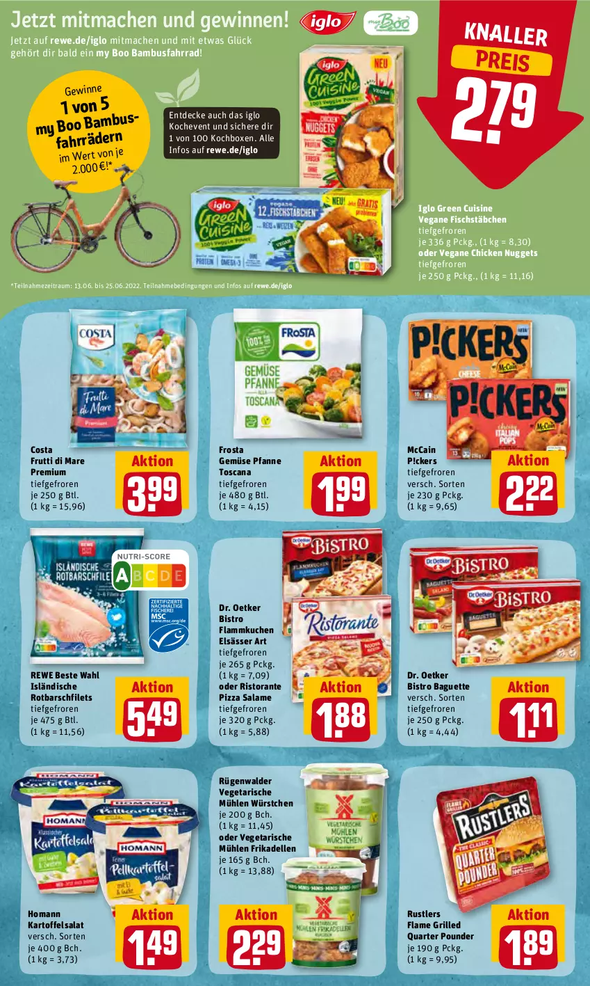 Aktueller Prospekt Rewe - Prospekte - von 13.06 bis 19.06.2022 - strona 10 - produkty: baguette, bambus, Bistro Baguette, chicken nuggets, decke, dell, Dr. Oetker, eis, elle, elsässer art, Fahrrad, filet, filets, fisch, fischstäbchen, flammkuchen, frikadellen, frosta, frutti di mare, grill, homann, iglo, kartoffel, kartoffelsalat, kuchen, lamm, mac, mccain, nuggets, pfanne, pizza, pizza salame, reis, rewe beste wahl, ristorante, ristorante pizza, Rotbarsch, rotbarschfilet, rügenwalder, salat, Ti, Vegeta, würstchen