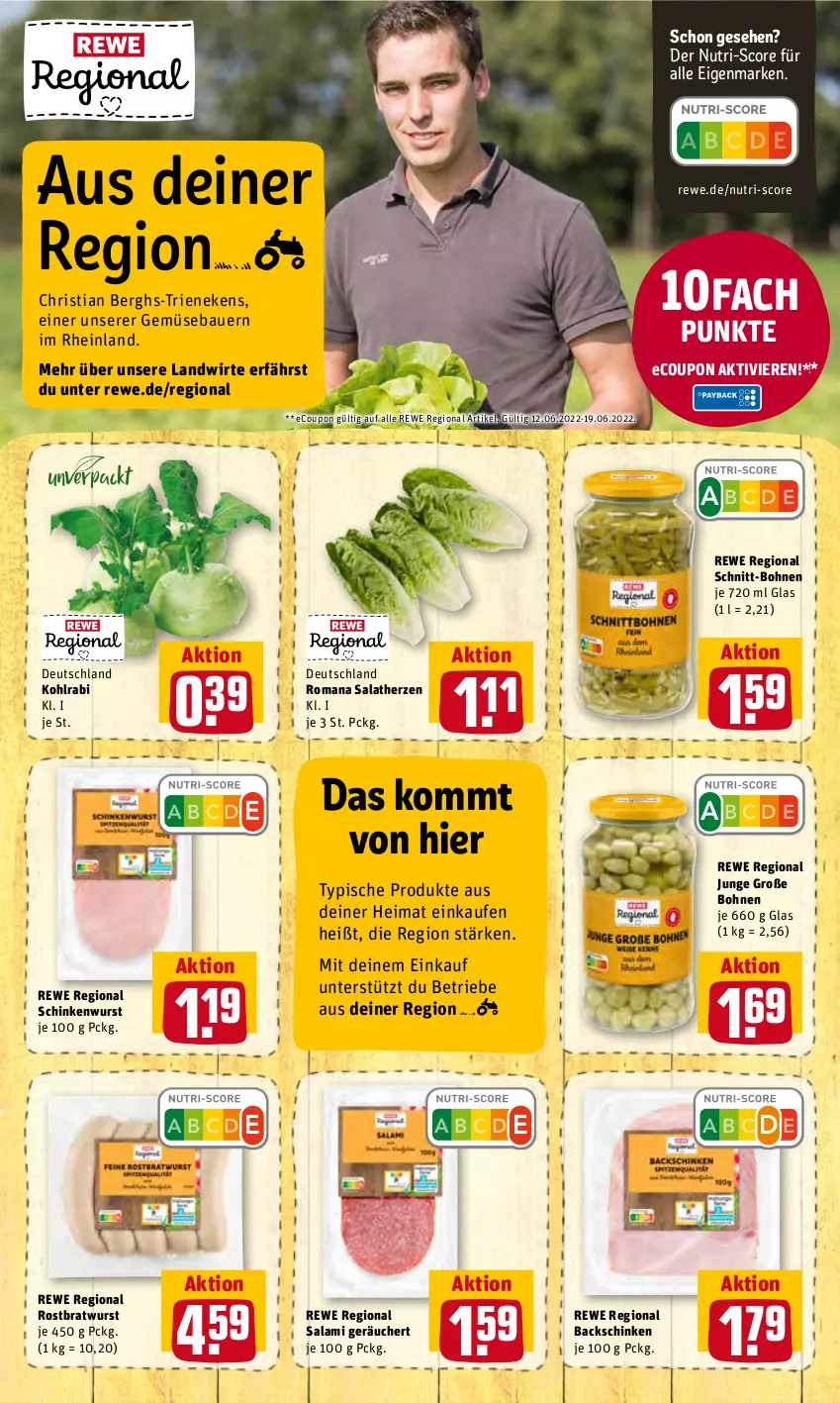 Aktueller Prospekt Rewe - Prospekte - von 13.06 bis 19.06.2022 - strona 11 - produkty: auer, Bau, Bauer, bohne, bohnen, bratwurst, coupon, kohlrabi, rostbratwurst, salami, salat, salatherzen, schinken, schinkenwurst, Ti, wurst