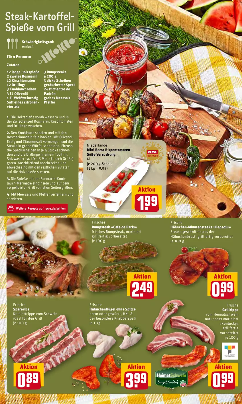 Aktueller Prospekt Rewe - Prospekte - von 13.06 bis 19.06.2022 - strona 12 - produkty: essig, Frische Hähnchen, gewürz, grill, grillrippe, hähnchenbrust, hähnchenflügel, Holz, kartoffel, kirsch, knoblauch, kotelett, marinade, meersalz, minutensteaks, natur, olive, oliven, olivenöl, pfeffer, Pinsel, rezept, rezepte, rispentomaten, rosmarin, rum, rumpsteak, saft, salz, Schal, Schale, schnitten, schwein, spareribs, Speck, steak, steaks, Ti, tomate, tomaten, topf, tuc, wasser, wein, weine, Weißwein, würfel, zitrone, zitronen, zitronensaft, ZTE