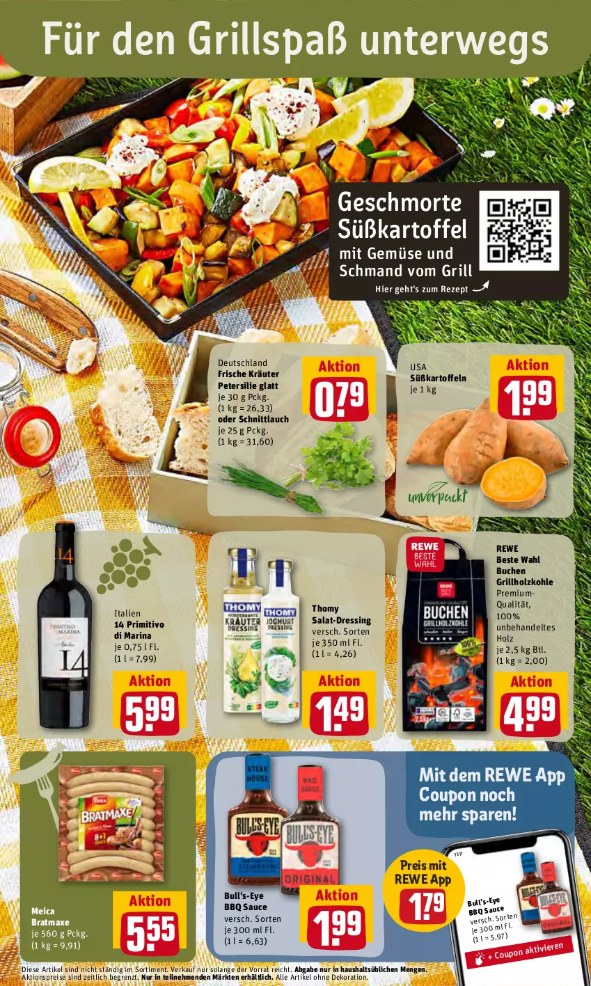 Aktueller Prospekt Rewe - Prospekte - von 13.06 bis 19.06.2022 - strona 13 - produkty: aktionspreis, alle artikel ohne dekoration, axe, bratmaxe, buch, coupon, dekoration, dressing, eis, grill, grillholzkohle, Holz, holzkohle, kartoffel, kartoffeln, kräuter, meica, mit gemüse, petersilie, primitivo, reis, rewe beste wahl, rezept, rwe, salat, sauce, schmand, schnittlauch, Süßkartoffeln, thomy, Ti