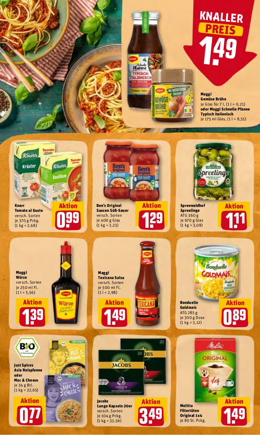 Aktueller Prospekt Rewe - Prospekte - von 13.06 bis 19.06.2022 - strona 18 - produkty: auer, Ben’s Original, bonduelle, bonduelle goldmais, Brühe, eis, elle, gin, Goldmais, jacobs, knorr, lungo, mac, maggi, Maggi Schnelle Pfanne, maggi würze, mais, melitta, pfanne, reis, Salsa, sauce, saucen, spreewaldhof, texicana, Texicana Salsa, Ti, tomato al gusto, Tüte