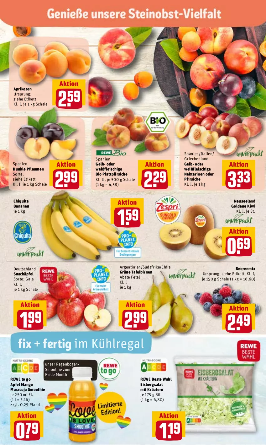 Aktueller Prospekt Rewe - Prospekte - von 13.06 bis 19.06.2022 - strona 2 - produkty: apfel, aprikose, aprikosen, banane, bananen, beere, beeren, bio, Birnen, chiquita, eis, eisbergsalat, Elan, fleisch, kiwi, kräuter, kräutern, kühlregal, mango, maracuja, Nektar, nektarinen, nektarinen oder, oder pfirsiche, pfirsich, pfirsiche, pflaume, pflaumen, plattpfirsiche, regal, rewe beste wahl, salat, Schal, Schale, smoothie, snack, tafelbirnen, Ti