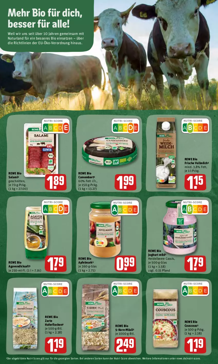 Aktueller Prospekt Rewe - Prospekte - von 13.06 bis 19.06.2022 - strona 20 - produkty: agaven, apfel, beere, bio, camembert, cassis, couscous, dicksaft, hafer, haferflocken, heidelbeere, joghur, joghurt, joghurt mild, korn, milch, müsli, natur, naturland, rewe bio, saft, salami, schnitten, Ti, vollmilch