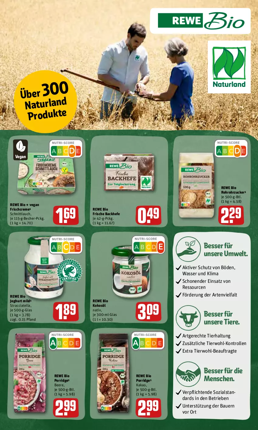 Aktueller Prospekt Rewe - Prospekte - von 13.06 bis 19.06.2022 - strona 21 - produkty: ACC, auer, Bau, Bauer, Becher, beere, bio, creme, Hefe, joghur, joghurt, joghurt mild, kakao, kokos, kokosöl, natur, naturland, porridge, rewe bio, rohrzucker, schnittlauch, Ti, Tiere, wasser, zucker