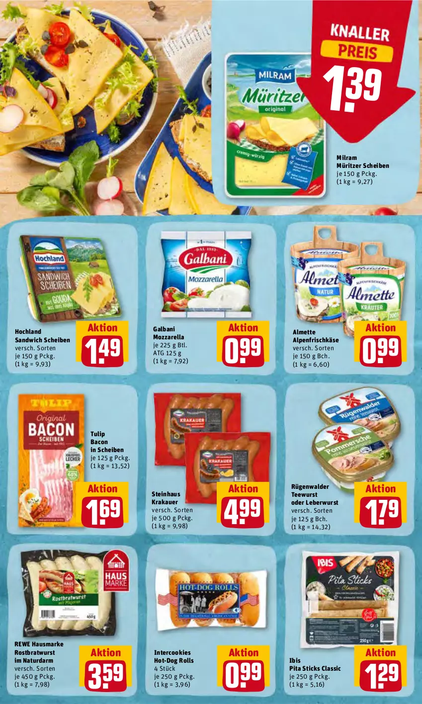 Aktueller Prospekt Rewe - Prospekte - von 13.06 bis 19.06.2022 - strona 8 - produkty: almette, alpenfrischkäse, auer, bacon, bratwurst, cookie, cookies, frischkäse, galbani, hausmarke, hochland, Käse, krakauer, leberwurst, Mett, milram, mozzarella, natur, rel, rewe hausmarke, rostbratwurst, rügenwalder, sandwich, steinhaus, tee, teewurst, Ti, tulip, wurst